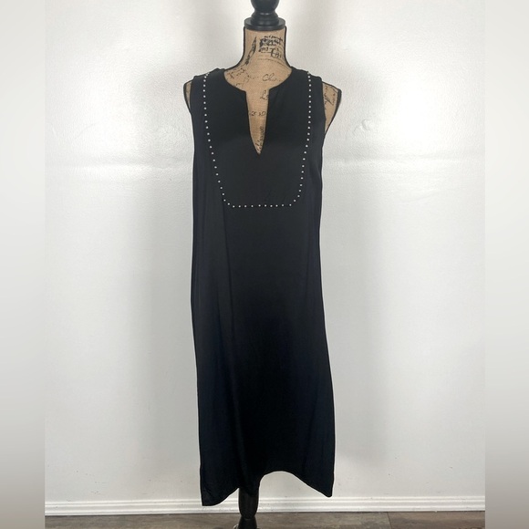 Zara Dresses & Skirts - Zara Satin Studded Midi Dress Size M Oversized Black‎ Sleeveless Split Sides